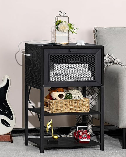 Black Nightstands Set of 2 with Charging Station and USB Port, 3 Tier Industrial Night Stand, Bedside Table with Flip Storage Drawer and Open Shelf, End Side Table for Bedroom, Office, Dorm - LeafyLoom