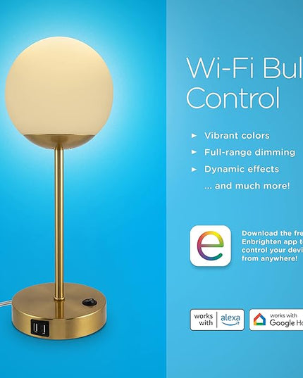 Enbrighten Bedside Decor Lamp Tabletop Wi-FI Dimmable Color Changing Music-Sync 2-Port USB-charging Station 2.4A Dorm Bedroom Home Office Living Room Compatible with Alexa 62433 Brass - LeafyLoom