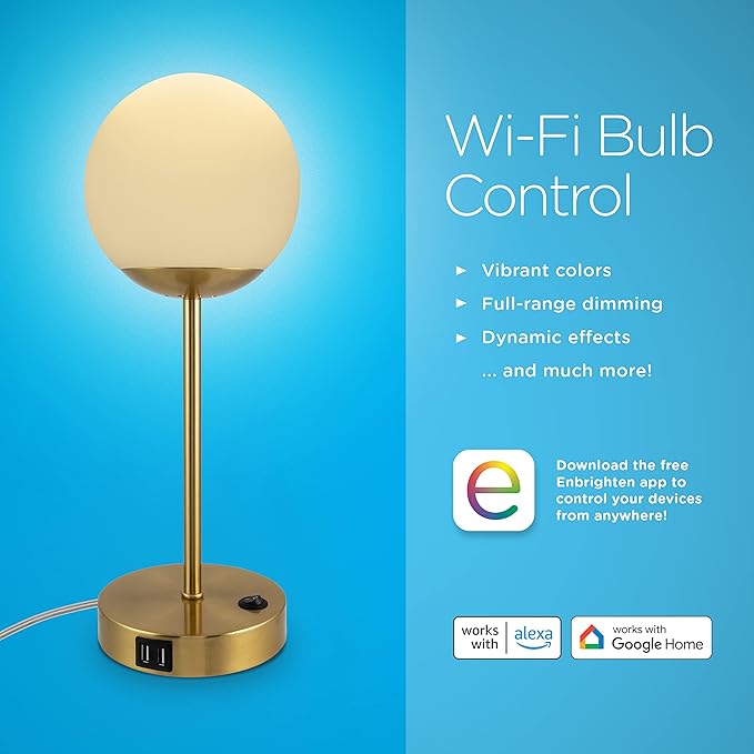 Enbrighten Bedside Decor Lamp Tabletop Wi-FI Dimmable Color Changing Music-Sync 2-Port USB-charging Station 2.4A Dorm Bedroom Home Office Living Room Compatible with Alexa 62433 Brass - LeafyLoom