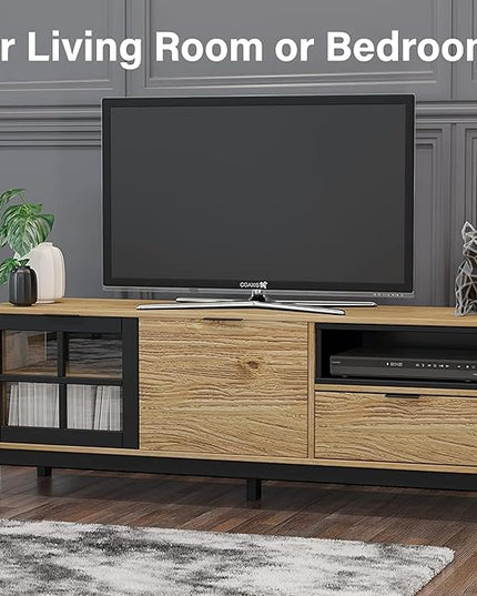 Home Wood Modern TV Stand for 55 60-inch TV with Doors - Entertainment Center with Storage Cabinets - TV Console, Media Console for Living Room -Light Wood and Black Console for Living Room or Bedroom - LeafyLoom