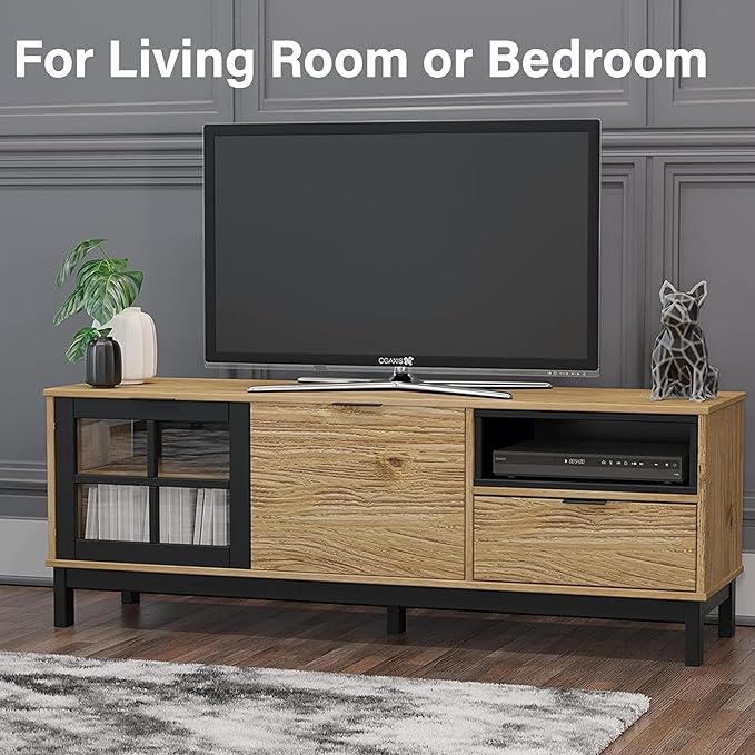 Home Wood Modern TV Stand for 55 60-inch TV with Doors - Entertainment Center with Storage Cabinets - TV Console, Media Console for Living Room -Light Wood and Black Console for Living Room or Bedroom - LeafyLoom