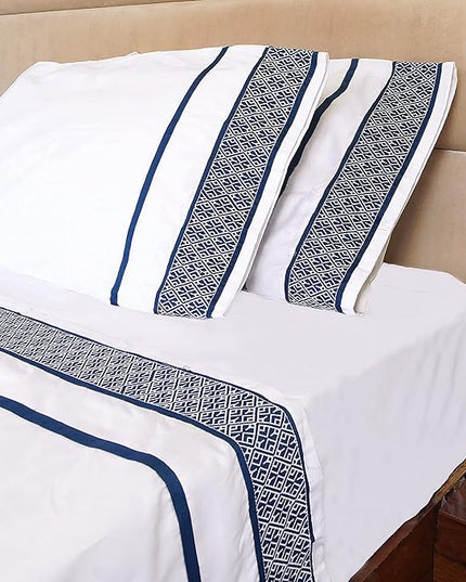 100% Egyptian Cotton Sheets Queen Size - 1000 Thread Count Sheets Queen Size Bed Sheet Set, Long Staple Bedding Sheets, Sateen Weave, Fits Upto 18" Mattress - Navy Blue Embroidered White Sheets - LeafyLoom