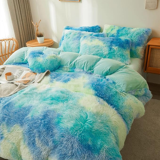 Tie dye Plush Fluffy Comforter Cover Set Queen - Ultra Soft Faux Fur tie dye Bedding Sets 3 Pieces (1 Shaggy Duvet Cover + 2 Pillow case) Fluffy Bed Set (Tie Dye Mint, Queen) - LeafyLoom