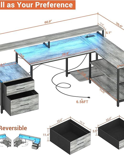 Aheaplus L Shaped Desk with File Drawer, 66" Reversible L Shaped Computer Desk with Power Outlet & LED Strip, Gaming Desk with Monitor Stand, Office Desk Corner Desk with Storage Shelf, White Oak - LeafyLoom