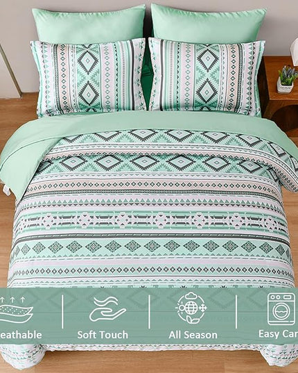 Dinjoy Boho King Size Bed in A Bag 7 Pieces,Sage Green Comforter Set Aztec Striped Bedding Set Bohemian Patchwork Complete Set Geometric Pattern Comforters for Women Men 90"×104" - LeafyLoom