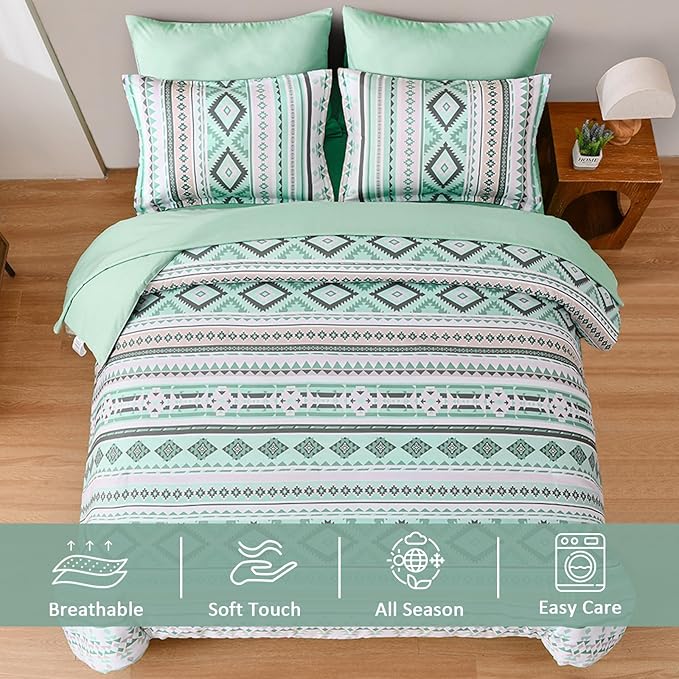Dinjoy Boho King Size Bed in A Bag 7 Pieces,Sage Green Comforter Set Aztec Striped Bedding Set Bohemian Patchwork Complete Set Geometric Pattern Comforters for Women Men 90"×104" - LeafyLoom