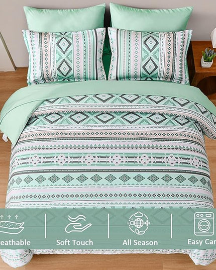 Dinjoy Sage Green Boho Comforter Set Queen Size,7 Pieces Bed in a Bag Queen Light Green Aztec Bedding Sets with Sheets Bohemian Geometric Striped Complete Set for All Seasons 90"x90" - LeafyLoom
