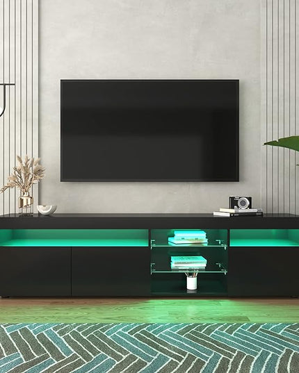 Merax LED TV Stand for 80" TVs with Multi-Functional Storage, Modern Television Cabinet Table Media Console with Drawer and Led Lights, High Glossy Entertainment Center for Living Room Bedroom, Black - LeafyLoom