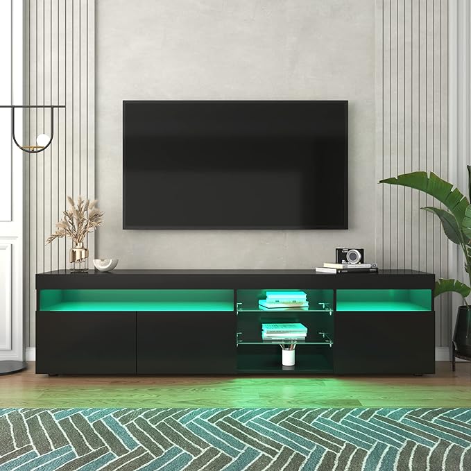 Merax LED TV Stand for 80" TVs with Multi-Functional Storage, Modern Television Cabinet Table Media Console with Drawer and Led Lights, High Glossy Entertainment Center for Living Room Bedroom, Black - LeafyLoom