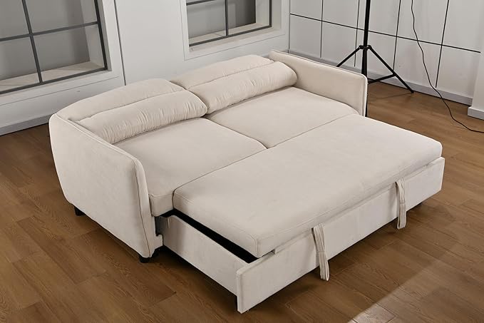 Queen Size Loveseat Sleeper Sofa,3 in 1 Soft Corduroy Upholstered Oversized Convertible Love Seat Sofabed cum Daybed W/Pull Out Sleep Couch Bed and Reclining Backrest for Living Space, 75“, Beige - LeafyLoom
