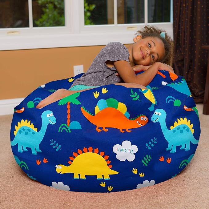 Posh Creations Bean Bag Chair for Kids, Teens, and Adults Includes Removable and Machine Washable Cover, Canvas Dinos on Blue, 38in - Large - LeafyLoom