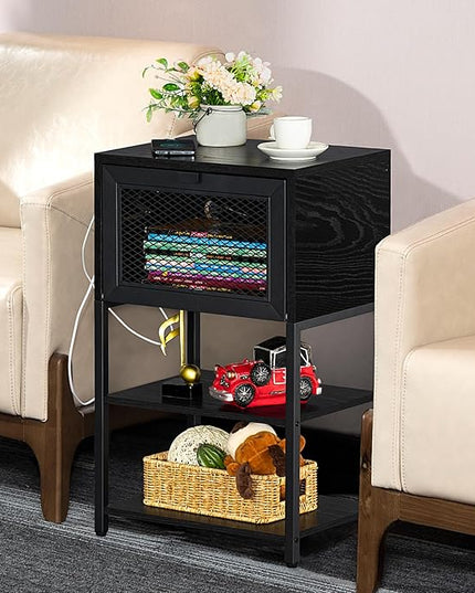Black Nightstands Set of 2 with Charging Station and USB Port, 3 Tier Industrial Night Stand, Bedside Table with Flip Storage Drawer and Open Shelf, End Side Table for Bedroom, Office, Dorm - LeafyLoom