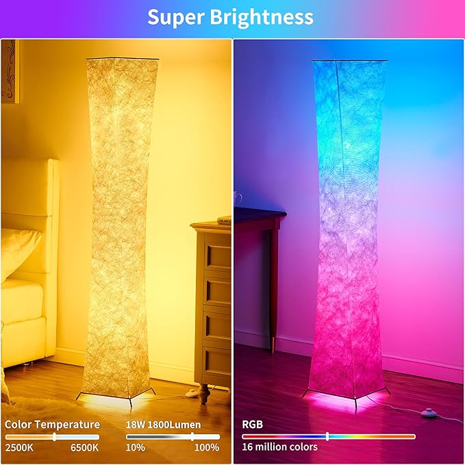 chiphy Floor Lamp, RGB Color Changing Dimmable LED Lamp, Smart WiFi Bulbs Compatible with Alexa & Google Assistant, 64" Tall White Fabric Shade Light, Modern for Living Room, Bedroom, Game Room - LeafyLoom