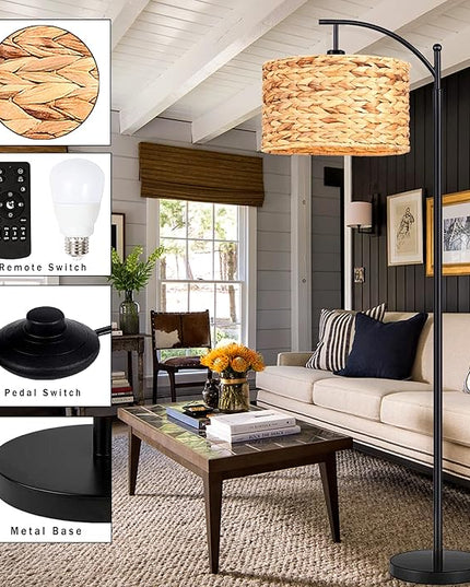 Floor Lamp for Living Room Bedroom Rattan Boho Arc Standing Lamp with Remote Dimmable Black Wicker Bamboo Lamp Shade Floor Light Adjustable Tall Lamp Farmhouse Industrial Floor Lamps Bohemian - LeafyLoom