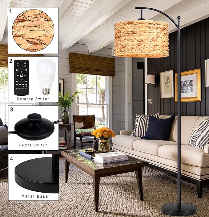 Floor Lamp for Living Room Bedroom Rattan Boho Arc Standing Lamp with Remote Dimmable Black Wicker Bamboo Lamp Shade Floor Light Adjustable Tall Lamp Farmhouse Industrial Floor Lamps Bohemian - LeafyLoom