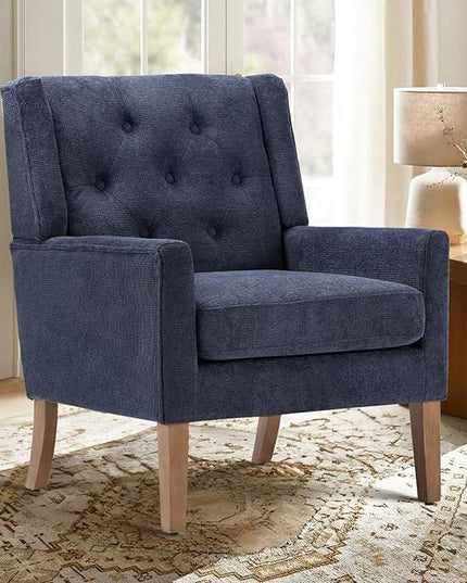 COLAMY Mid-Century Accent Chairs, Modern Wingback Living Room Chair, Upholstered Armchair with Button Tufted Back and Wood Legs for Bedroom/Office/Reading Spaces, Blue - LeafyLoom