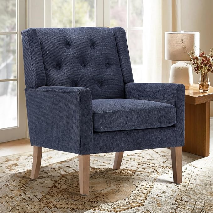 COLAMY Mid-Century Accent Chairs, Modern Wingback Living Room Chair, Upholstered Armchair with Button Tufted Back and Wood Legs for Bedroom/Office/Reading Spaces, Blue - LeafyLoom