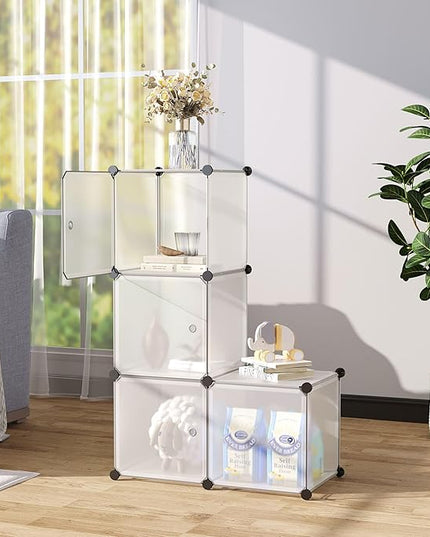 C&AHOME Cube Storage Organizer with Doors, 4-Cube Shelves, Closet Cabinet, DIY Plastic Modular Bookshelf Ideal for Bedroom, Living Room, 24.8" L x 12.4" W x 24.8" H White USHS04W-DOOR - LeafyLoom