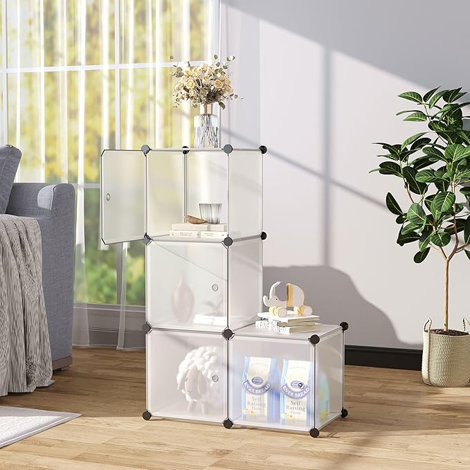 C&AHOME Cube Storage Organizer with Doors, 4-Cube Shelves, Closet Cabinet, DIY Plastic Modular Bookshelf Ideal for Bedroom, Living Room, 24.8" L x 12.4" W x 24.8" H White USHS04W-DOOR - LeafyLoom