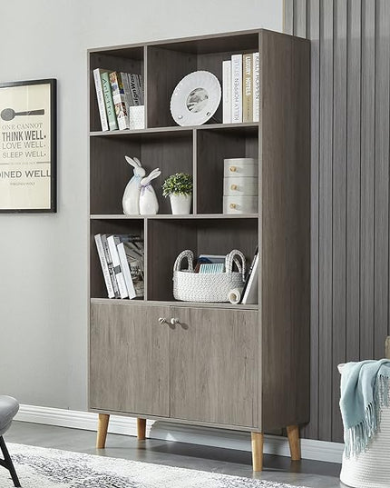 Modern Bookcase with 2 Doors, Shelf Organizer for Display, Wooden Bookshelf Library with 6 Storage Cabinet for Home Office (Gray Oak) - LeafyLoom