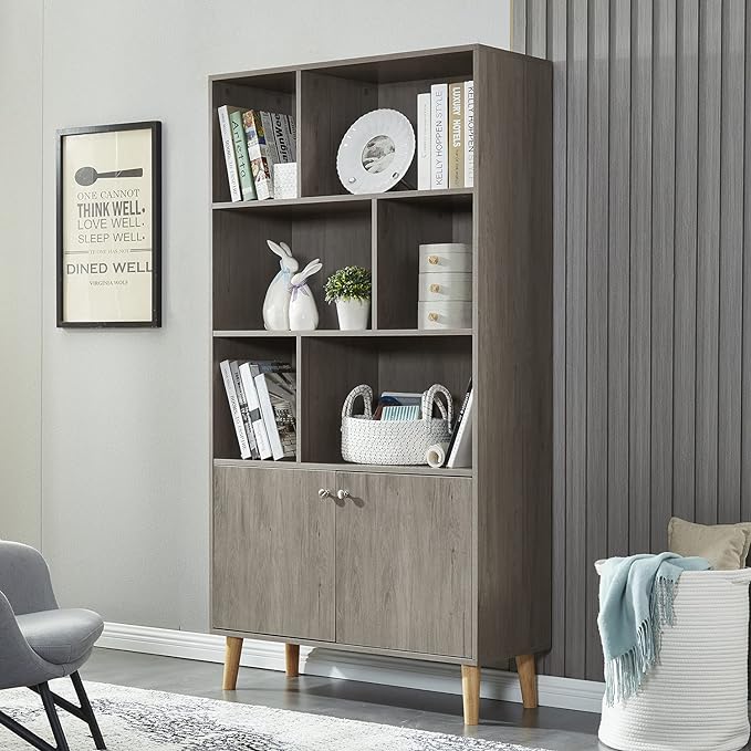 Modern Bookcase with 2 Doors, Shelf Organizer for Display, Wooden Bookshelf Library with 6 Storage Cabinet for Home Office (Gray Oak) - LeafyLoom