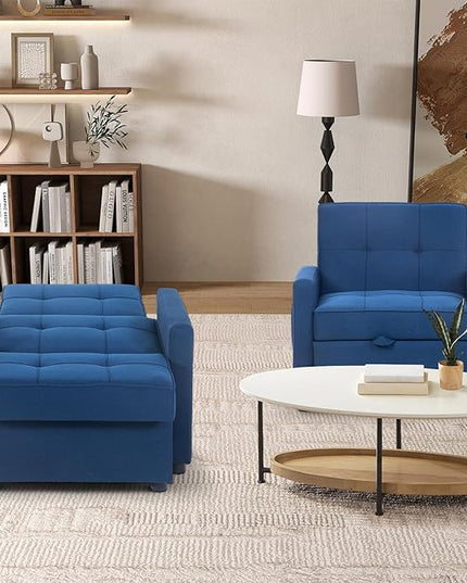 4-in-1 Convertible Sleeper Sofa, Single Pull Out Couch Chair with 6-Level Adjust Backrest Loveseat with Storage and Pillows, Modern Recliner for Living Room Apartment Office, Blue - LeafyLoom