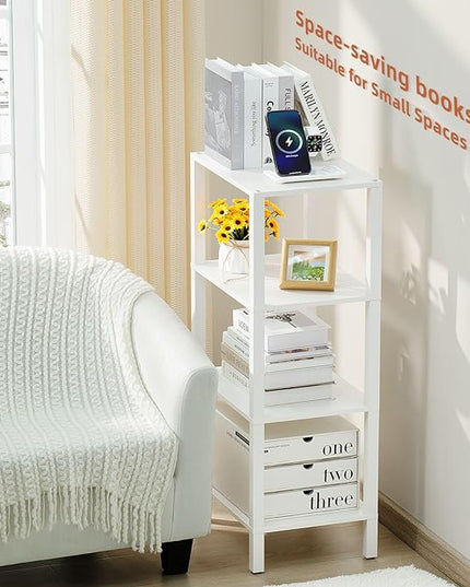 4 Tier Tall Wooden Bookshelf with Storage, Narrow Bookcase for Small Space, Small Book Shelf for Living Room, Office, Bedroom, Kitchen, Industrial, White - LeafyLoom