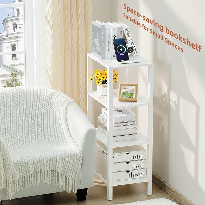 4 Tier Tall Wooden Bookshelf with Storage, Narrow Bookcase for Small Space, Small Book Shelf for Living Room, Office, Bedroom, Kitchen, Industrial, White - LeafyLoom