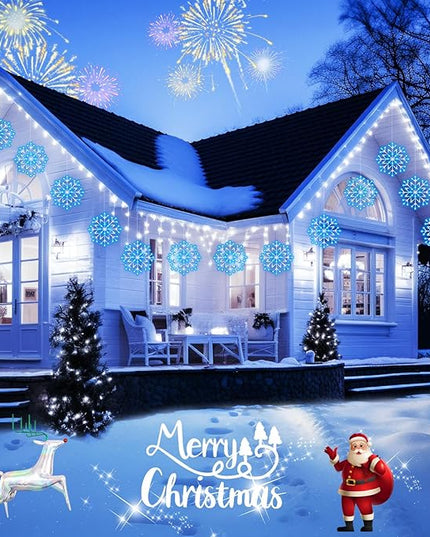 Christmas Snowflake Icicle Lights Outdoor - Plug-in 23.6ft 10 Drops 480LED Snowflake Window Lights, Connectable for Indoor Outdoor Porch Eaves Rooftops Canopy Christmas Decoration, Blue and White Brightown