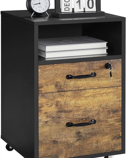 Yaheetech File Cabinet, Under Desk Vertical Cabinet With 2 Drawers and Open Compartment, Printer Stand with Lockable Wheels for A4 Letter Size Hangable File Folders for Home Office(Black/Rustic Brown) - LeafyLoom
