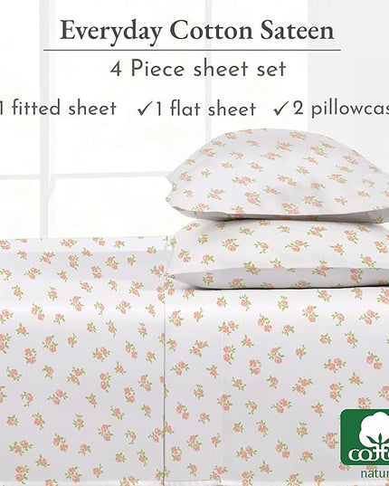 California Design Den Floral Pattern Bed Sheet Set Queen Size, 100% Cotton Sateen 4 Pc Deep Pocket Queen Sheets & Pillowcase Set - Chic Floral - LeafyLoom