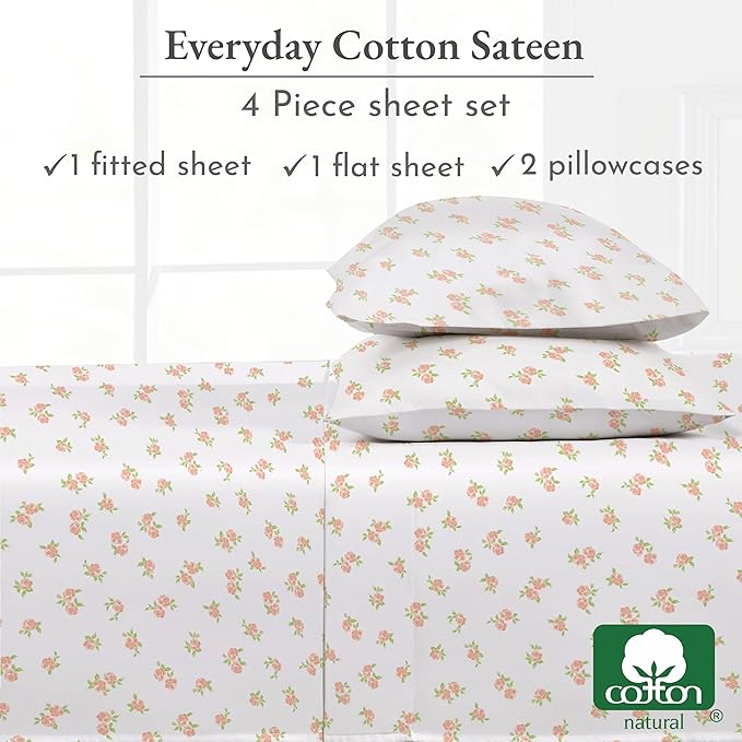 California Design Den Floral Pattern Bed Sheet Set Queen Size, 100% Cotton Sateen 4 Pc Deep Pocket Queen Sheets & Pillowcase Set - Chic Floral - LeafyLoom