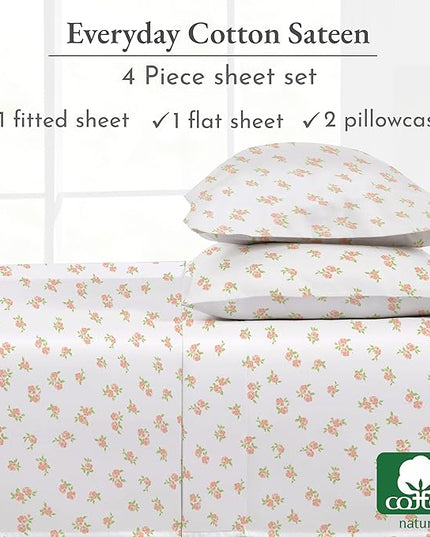 California Design Den Full Sheet Set Floral Pattern, 100% Cotton, 4 Pc Deep Pocket Full Sheets & Pillowcase Set - Chic Floral - LeafyLoom