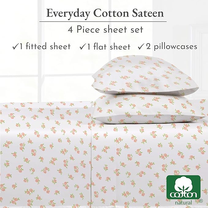 California Design Den King Floral Sheet Set, 4 Pc 100% Cotton Sateen Sheets King Size Sheets Set Deep Pockets & Pillowcase Set - Chic Floral - LeafyLoom