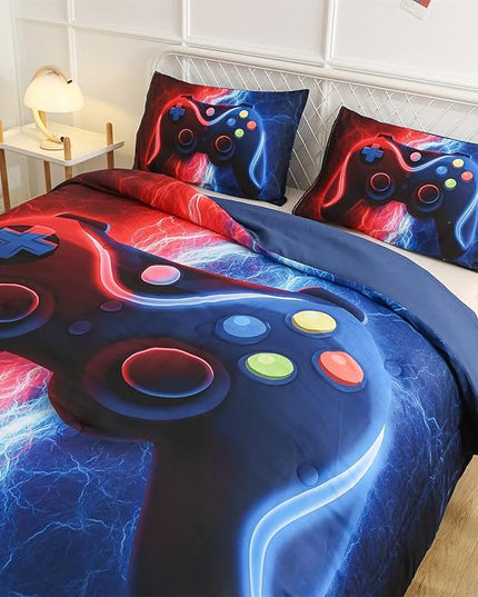 Meeting Story Gamer Gaming Bedding Sets Tie Dye Lightnings Gamepad Comforter Set for Boys Games Console Action Buttons Novelty Colorful Modern Room Decor Home Quilt Set (Queen, Red-Blue) - LeafyLoom