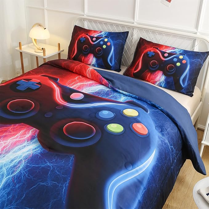 Meeting Story Gamer Gaming Bedding Sets Tie Dye Lightnings Gamepad Comforter Set for Boys Games Console Action Buttons Novelty Colorful Modern Room Decor Home Quilt Set (Twin, Red-Blue) - LeafyLoom