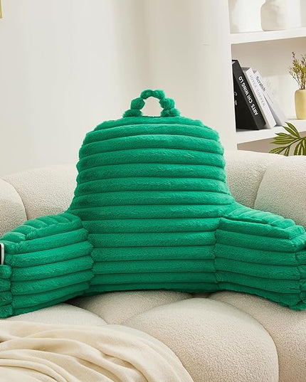 WERDIM Reading Pillow for Sitting in Bed, Faux Fur Back Pillow for Bed Rest, Bed Chair Pillow with Arms and Pockets(Standard, Emerald) - LeafyLoom