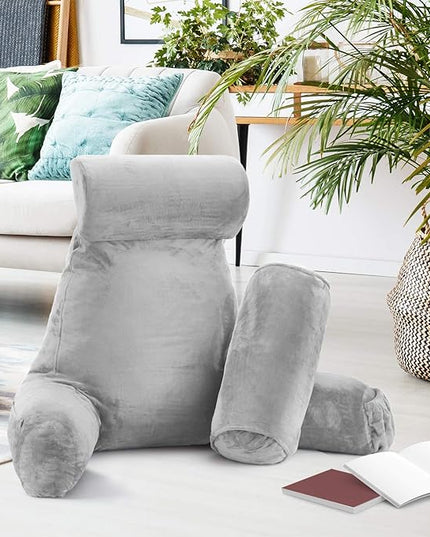 Clara Clark Reading Pillow, Large Back Pillow for Sitting Up in Bed, Memory Foam Back Support Pillow, Reading Pillows for Sitting in Bed Adult, Light Grey Sit Up Pillow for Bed with Arms and Pockets - LeafyLoom