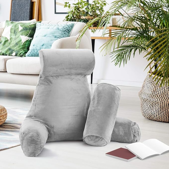 Clara Clark Reading Pillow, Large Back Pillow for Sitting Up in Bed, Memory Foam Back Support Pillow, Reading Pillows for Sitting in Bed Adult, Light Grey Sit Up Pillow for Bed with Arms and Pockets - LeafyLoom
