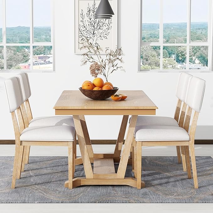 NicBex Small Dining Table Set for 4 Kitchen Table Set 5-Piece Dining Table Set with 4 Upholstered Chairs, 59-inch Rectangular Dining Table with Trestle Table Base, Natural - LeafyLoom