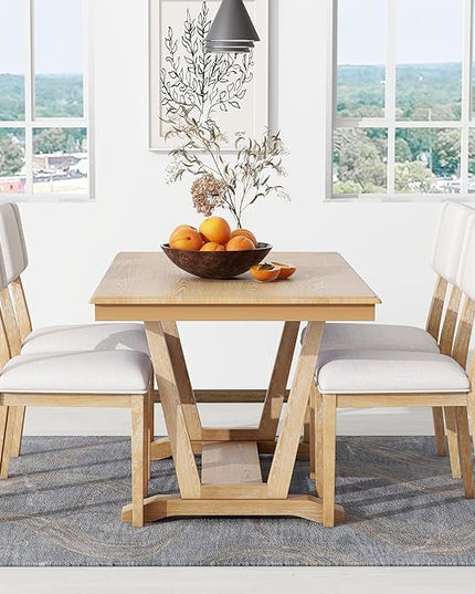 Modern Style 5 Piece 4 Upholstered Chairs, Rubber Wood Set w/59 Rectangular Trestle Table Base, Easy Clean, for Dining Room, Kitchen, Natural 23 - LeafyLoom
