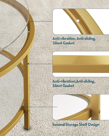 SAYGOER Round Glass Coffee Table 2 Tier Coffee Tables with Storage Shelf for Large or Small Space Modern Simple Center Table with Gold Frame for Living Room Home Office, Easy Assembly… - LeafyLoom