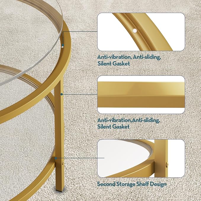 SAYGOER Round Glass Coffee Table 2 Tier Coffee Tables with Storage Shelf for Large or Small Space Modern Simple Center Table with Gold Frame for Living Room Home Office, Easy Assembly… - LeafyLoom
