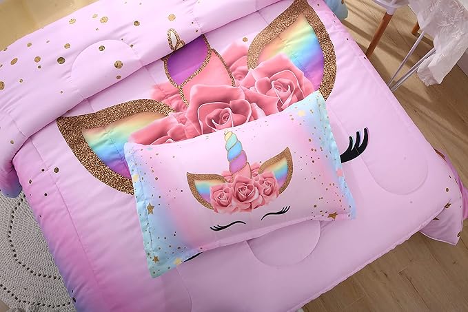 Unicorn Comforter Set Rainbow Soft Girls Unicorn Bedding with 1 Comforter 2 Pillowcases Pink Flower Unicorn Bedding Sets for Girls Twin Size - LeafyLoom