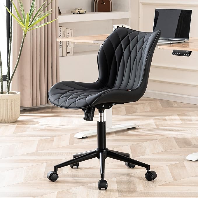 YOUNUOKE Office Desk Chair, Comfy Home Office Chairs, Small Comfortable Desk Chairs with Wheels, Armless PU Leather Chairs for Computer Conference, Black - LeafyLoom