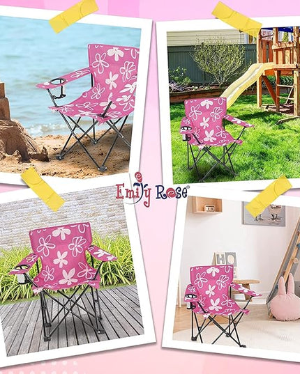 Emily Rose Kids Folding Chair | USA Company | Pink Kid Beach Chair with Safety Lock- Camping Chair for Girls Toddler with Cup Holder & Carry Case- Tailgate, Travel, Beach, Lawn- for Indoor & Outdoor - LeafyLoom