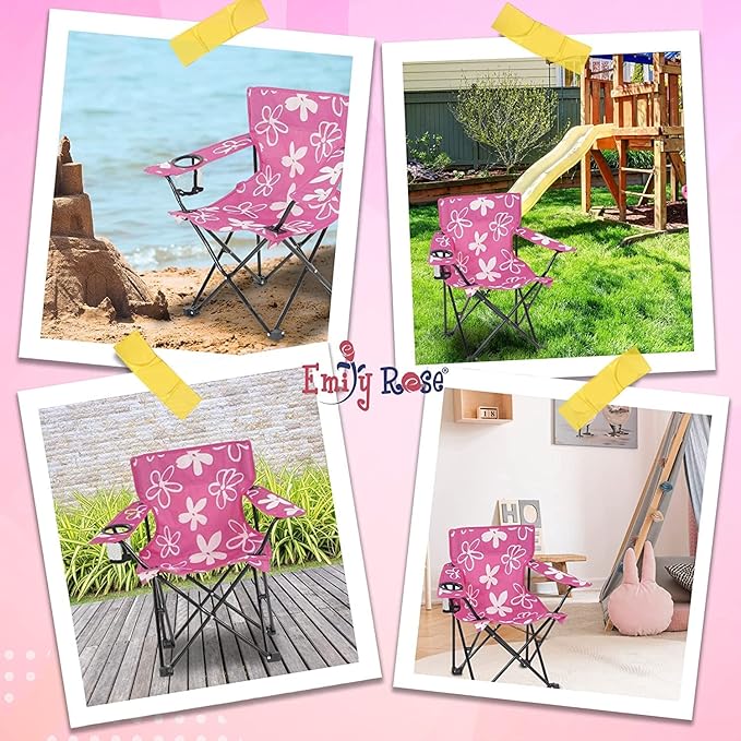 Emily Rose Kids Folding Chair | USA Company | Pink Kid Beach Chair with Safety Lock- Camping Chair for Girls Toddler with Cup Holder & Carry Case- Tailgate, Travel, Beach, Lawn- for Indoor & Outdoor - LeafyLoom