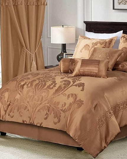 Chezmoi Collection 7-Piece Jacquard Floral Comforter Set (King, Copper/Gold) - LeafyLoom