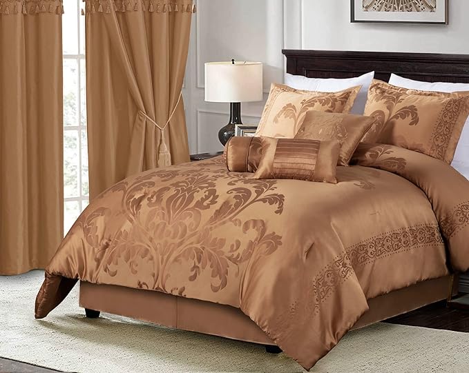 Chezmoi Collection 7-Piece Jacquard Floral Comforter Set (California King, Copper/Gold) - LeafyLoom