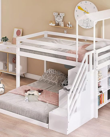 Stairway Twin over Full House Bunk Bed with Storage Shelves & Roof Design,Wooden Bunkbeds wtih Safety Guardrails for Kids/Teen/Adults Bedroom,Space Saving, White - LeafyLoom